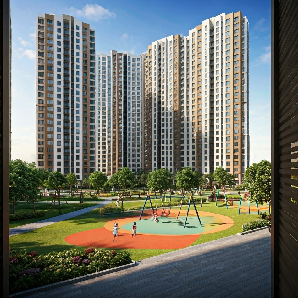 a,modern,residential,community,with,tall,,white,,and,brown,high rise